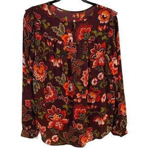 Loft Womens Top Maroon Boho Floral Print Size Small